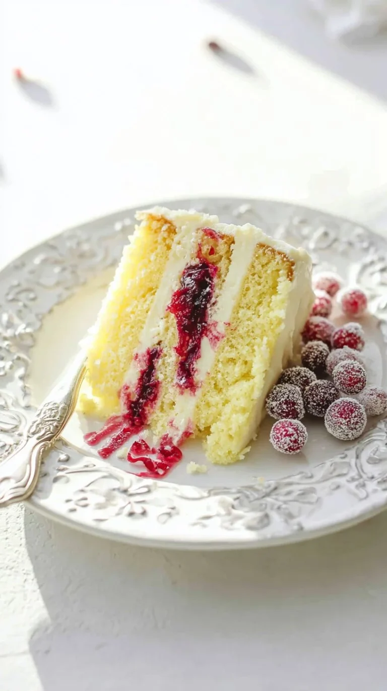 Moist cranberry cake slice topped with fresh cranberries and frosting