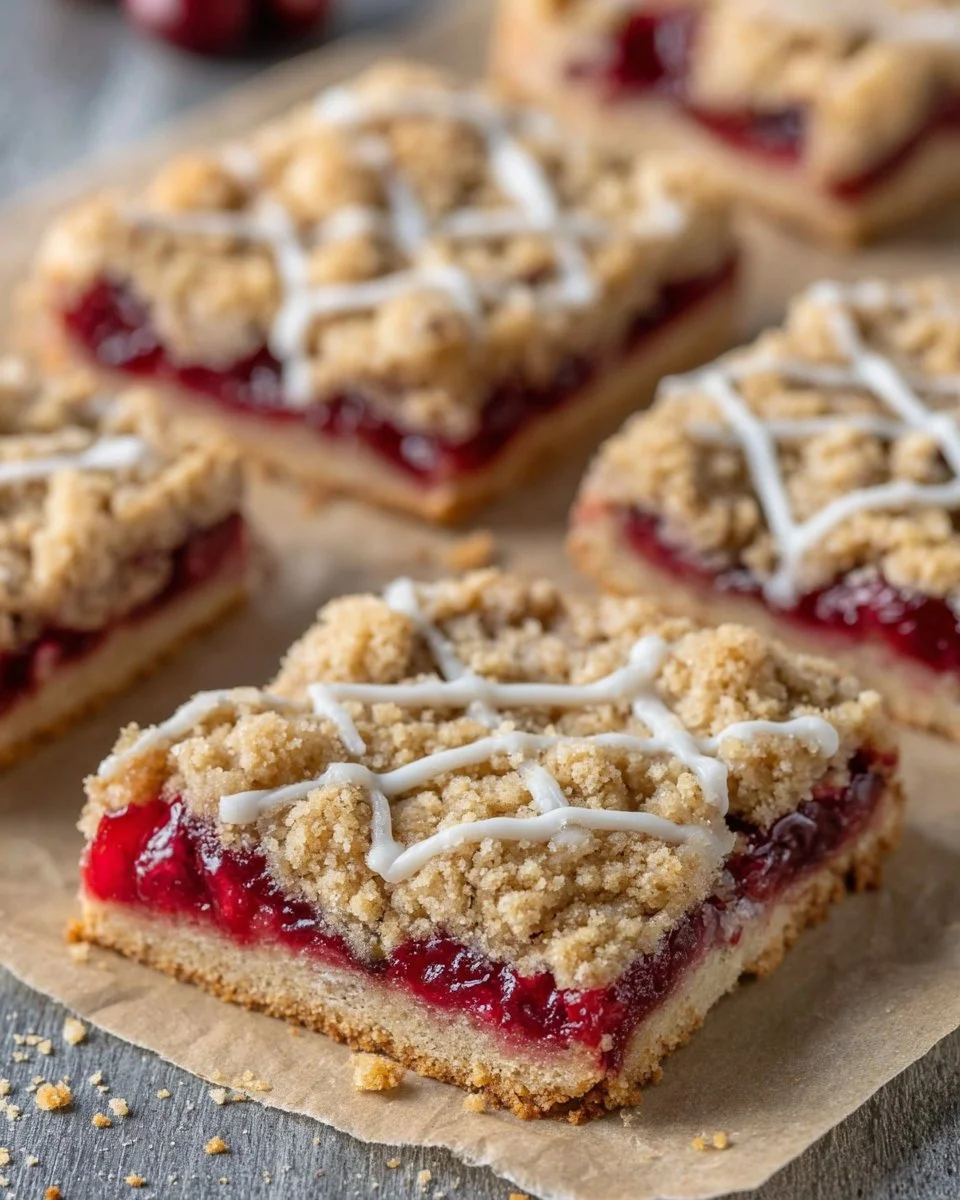 Delicious cranberry crumble bars with a golden crumb topping and tart cranberry filling.