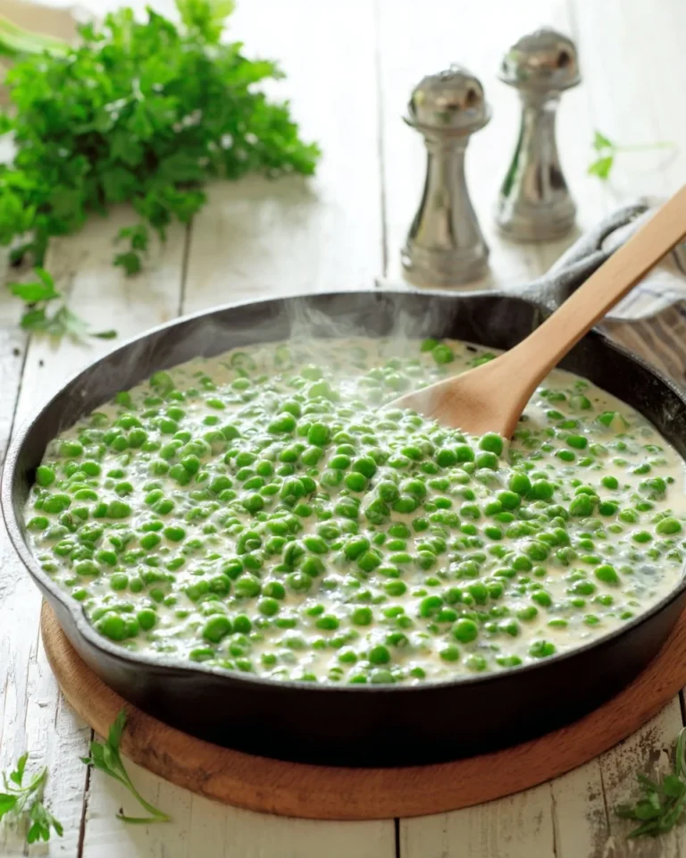 Bowl of homemade creamed peas garnished with herbs.