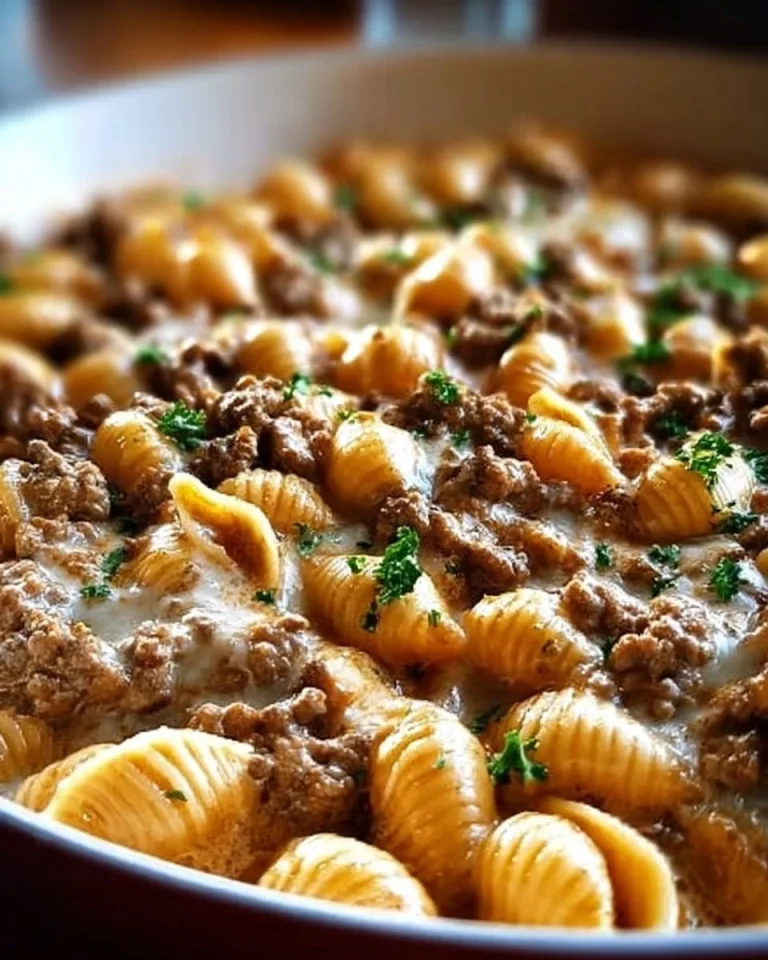 Creamy beef and shells dish served in a bowl with garnishes
