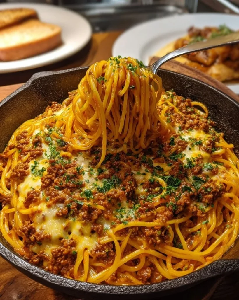 Creamy Cajun Beef Spaghetti in a bowl with triple cheese Parmesan sauce