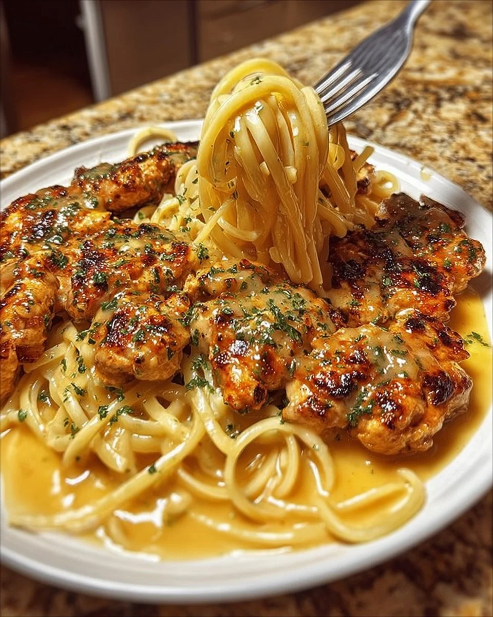 Creamy cheddar parmesan chicken spaghetti served in a rich sauce