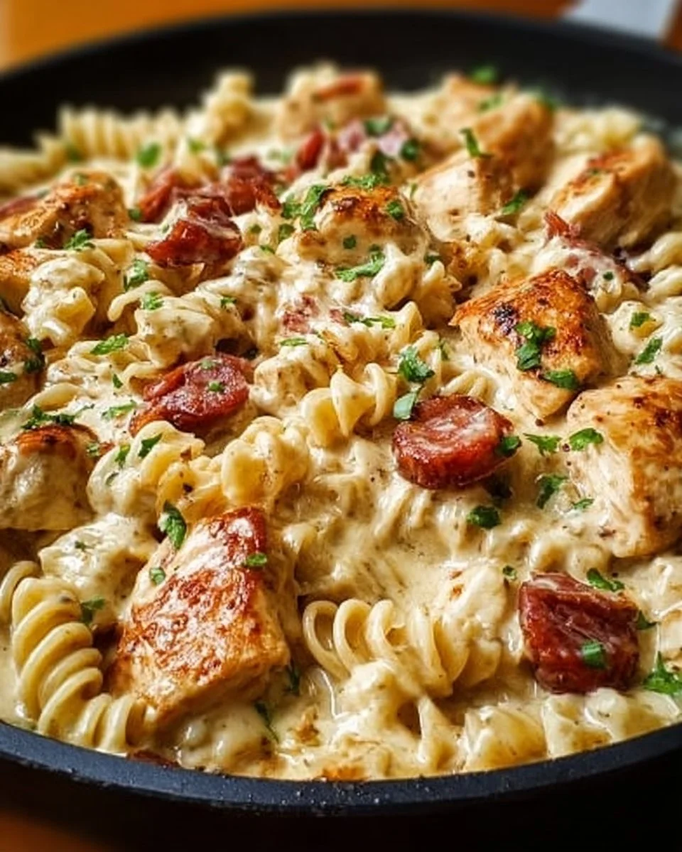 Creamy cheesy ranch chicken and smoked sausage pasta in a skillet.