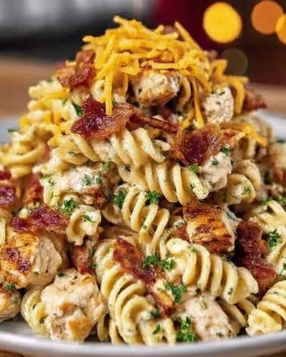 Creamy chicken pasta bake served in a casserole dish with cheese on top