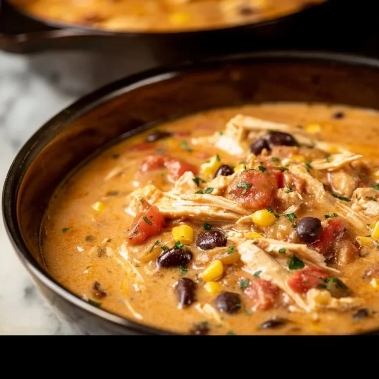Bowl of creamy chicken taco soup garnished with cilantro and lime.