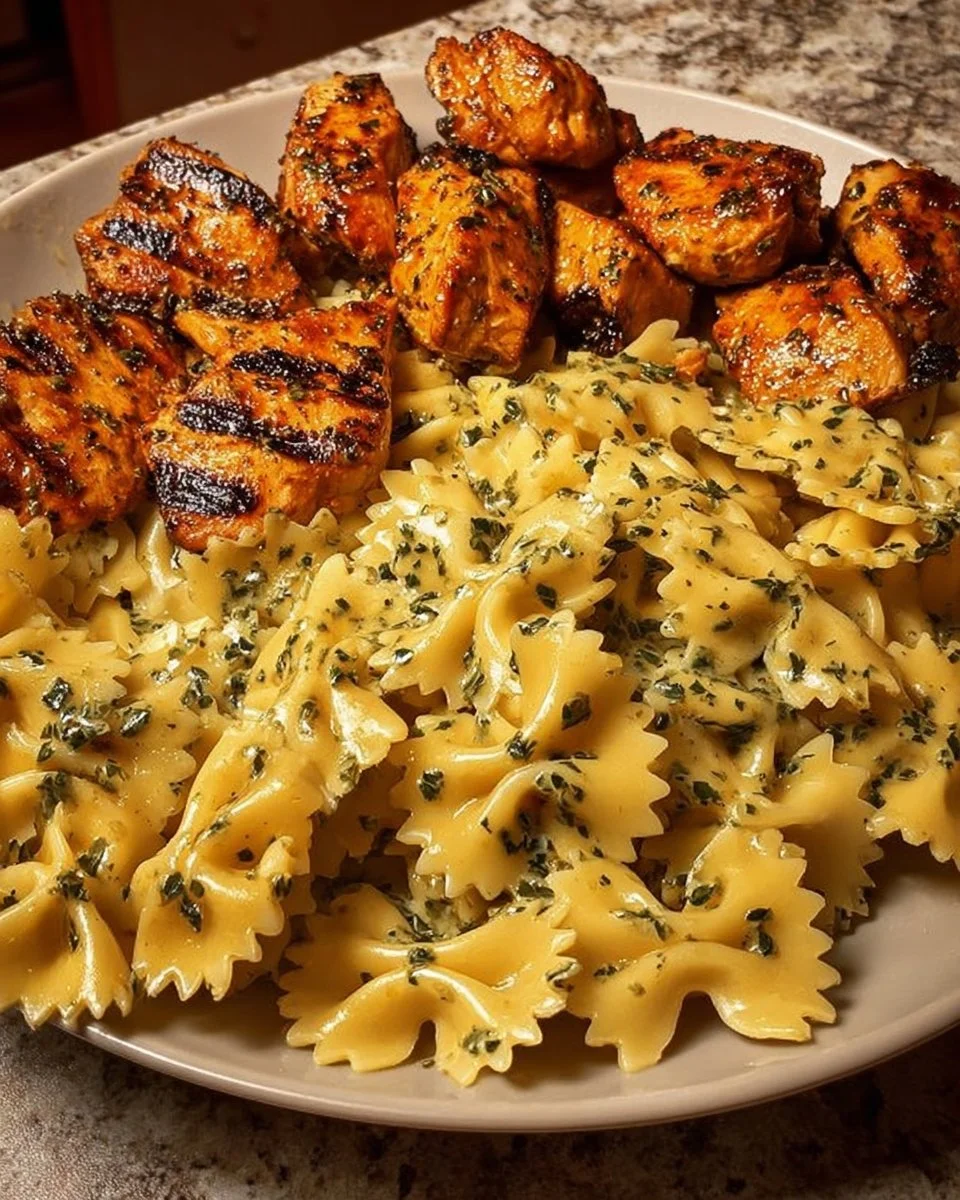 Creamy Garlic Parmesan Chicken Bowtie Pasta with mozzarella cheese sauce