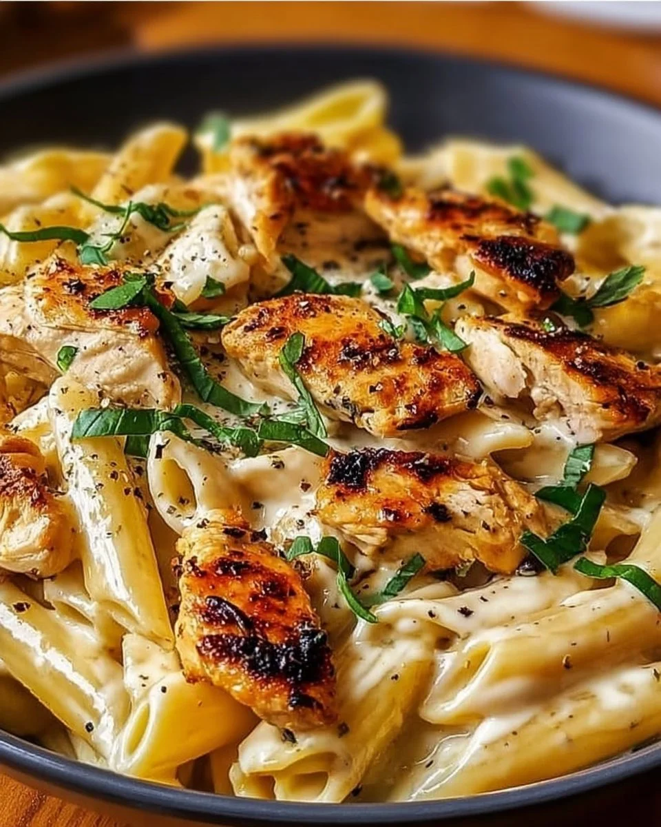 Bowl of creamy Italian chicken pasta garnished with herbs