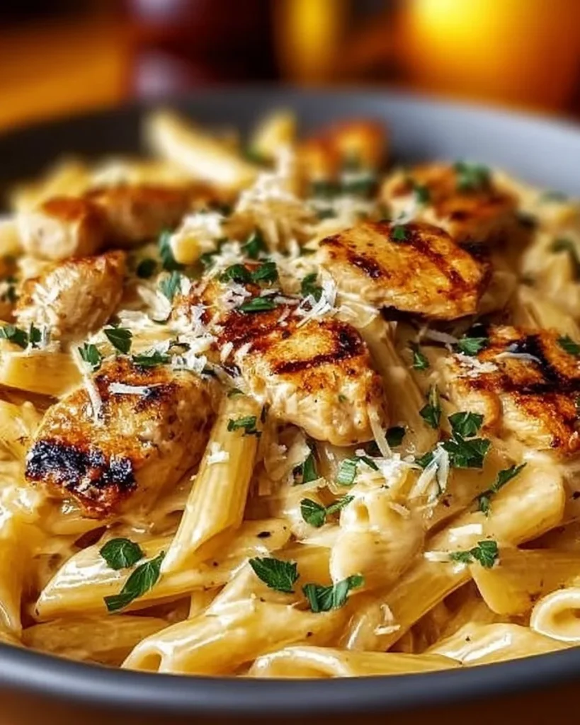 Creamy Italian chicken pasta served with fresh herbs and cheese