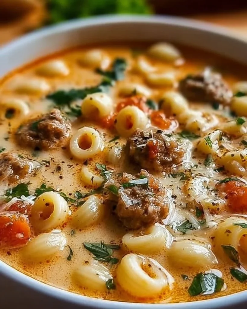 Bowl of creamy Parmesan sausage soup with ditalini pasta