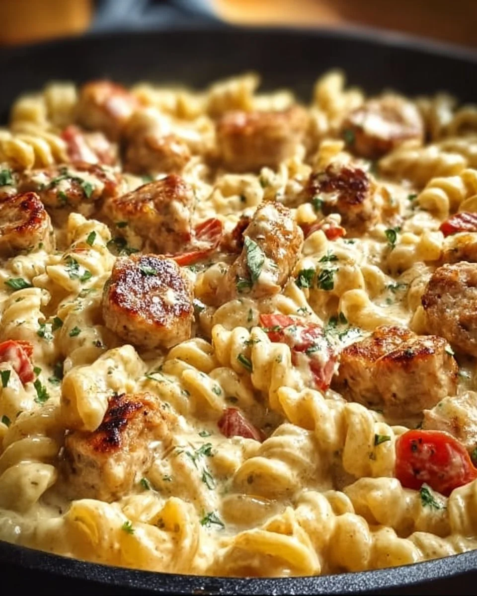 Creamy Pepper Jack Chicken and Sausage Pasta Skillet served in a pan