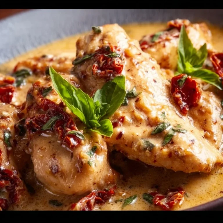 Creamy sun-dried tomato chicken served on a plate with fresh herbs.