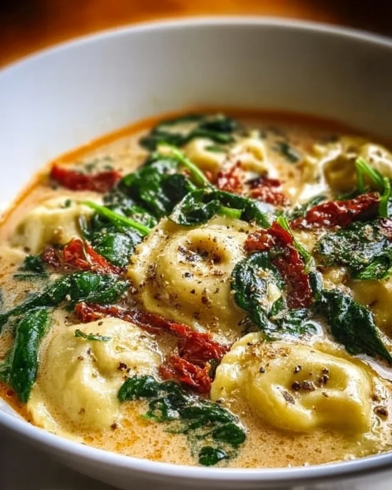 Bowl of creamy Tuscan ravioli soup with fresh herbs and Parmesan cheese