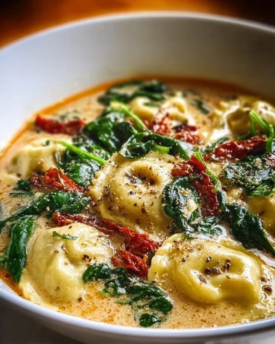 Bowl of creamy Tuscan ravioli soup with fresh herbs and Parmesan cheese