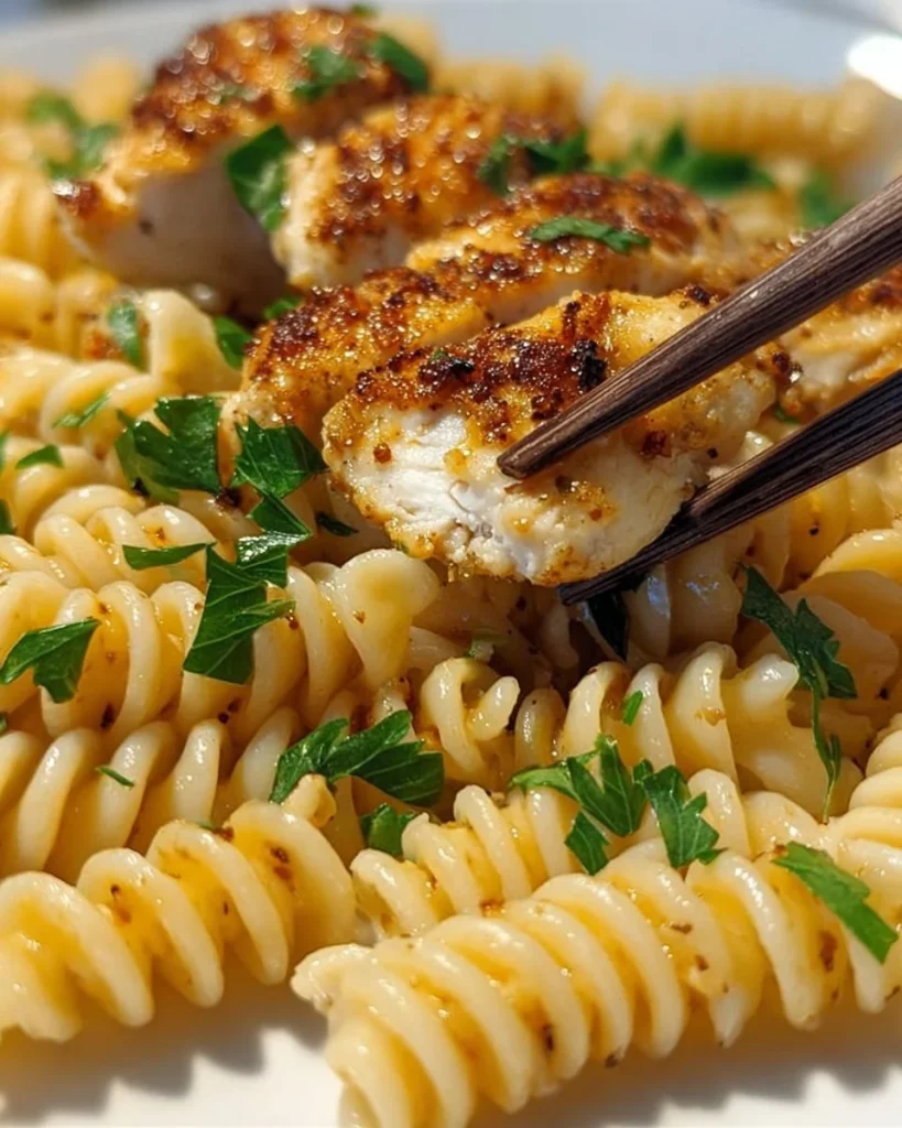 Crispy garlic butter chicken served over creamy rotini pasta dish