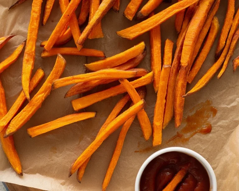 Crispy oven-baked sweet potato fries served on a plate with a dipping sauce.