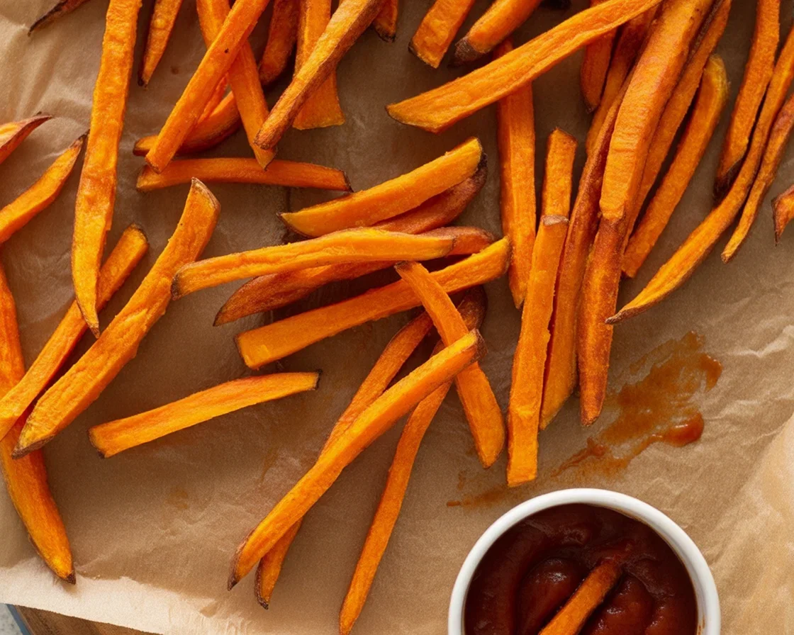 Crispy oven-baked sweet potato fries served on a plate with a dipping sauce.