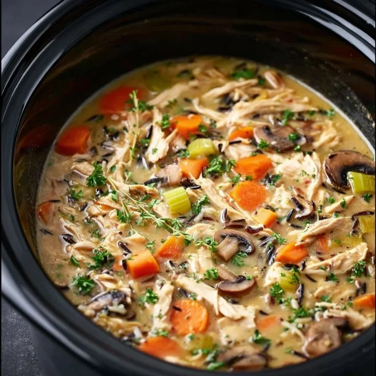 Delicious Crockpot Chicken Wild Rice Soup in a bowl with fresh herbs.