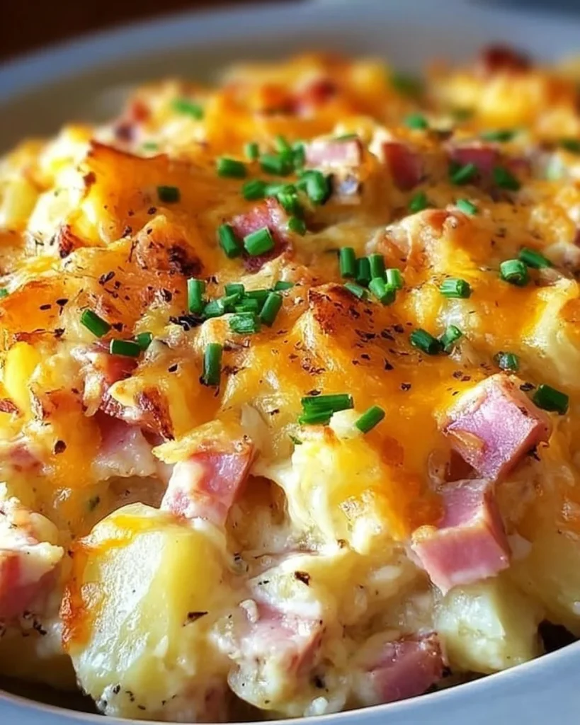 Delicious crockpot ham and potato casserole served in a dish