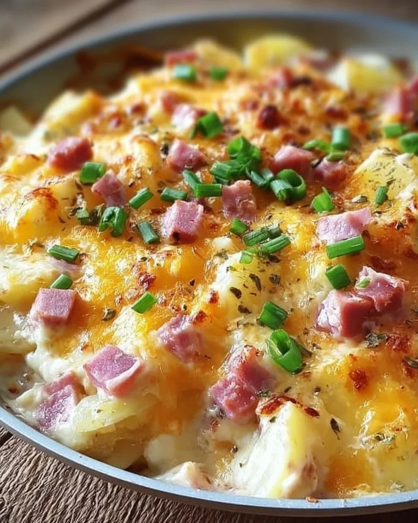 Crockpot Ham and Potato Casserole served in a bowl with fresh herbs