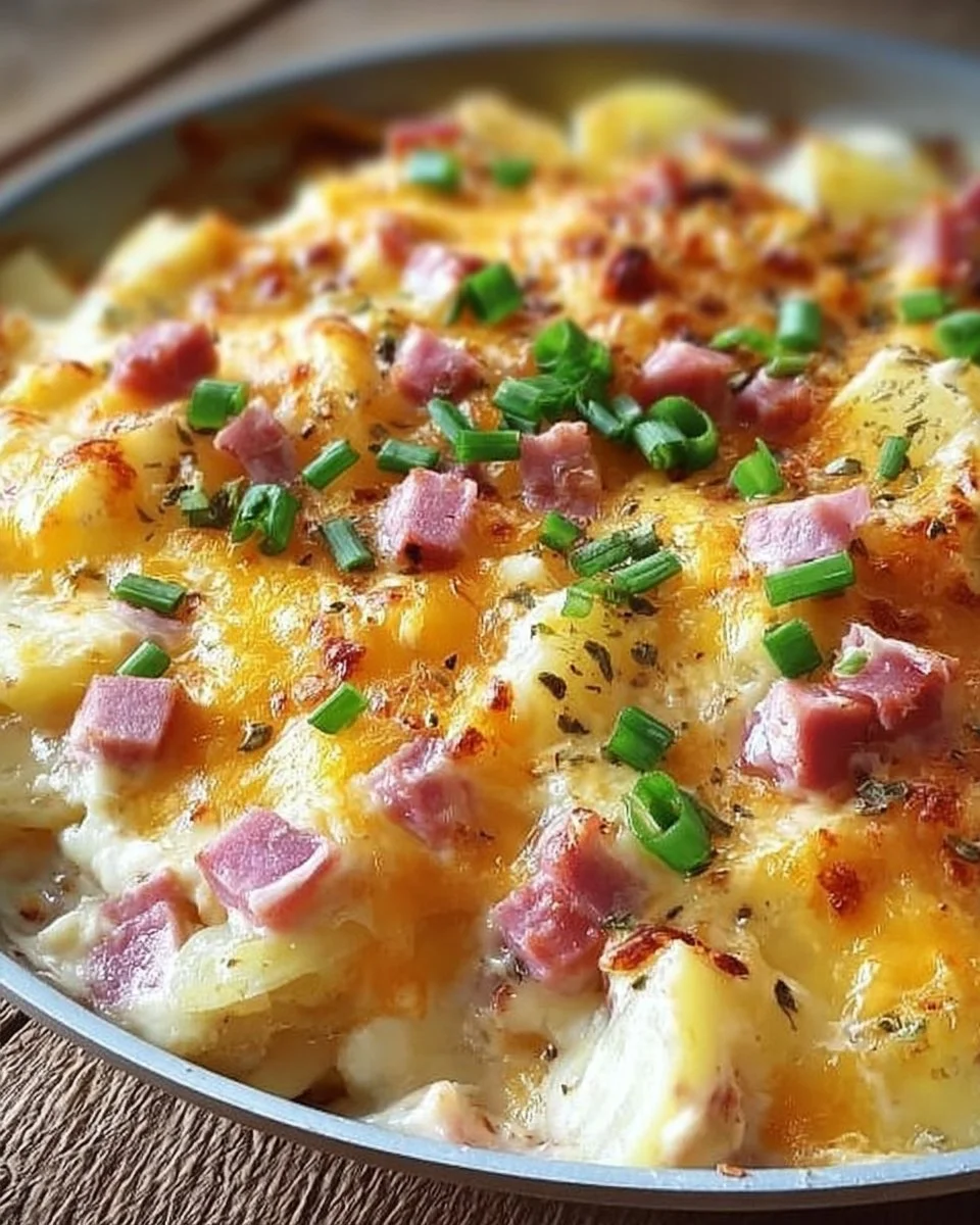 Crockpot Ham and Potato Casserole served in a bowl with fresh herbs