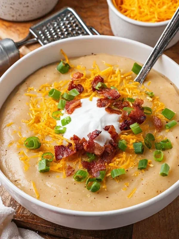 Crockpot Loaded Baked Potato Soup topped with cheese and bacon