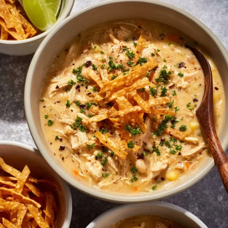 Delicious Crockpot white chicken chili topped with cream cheese