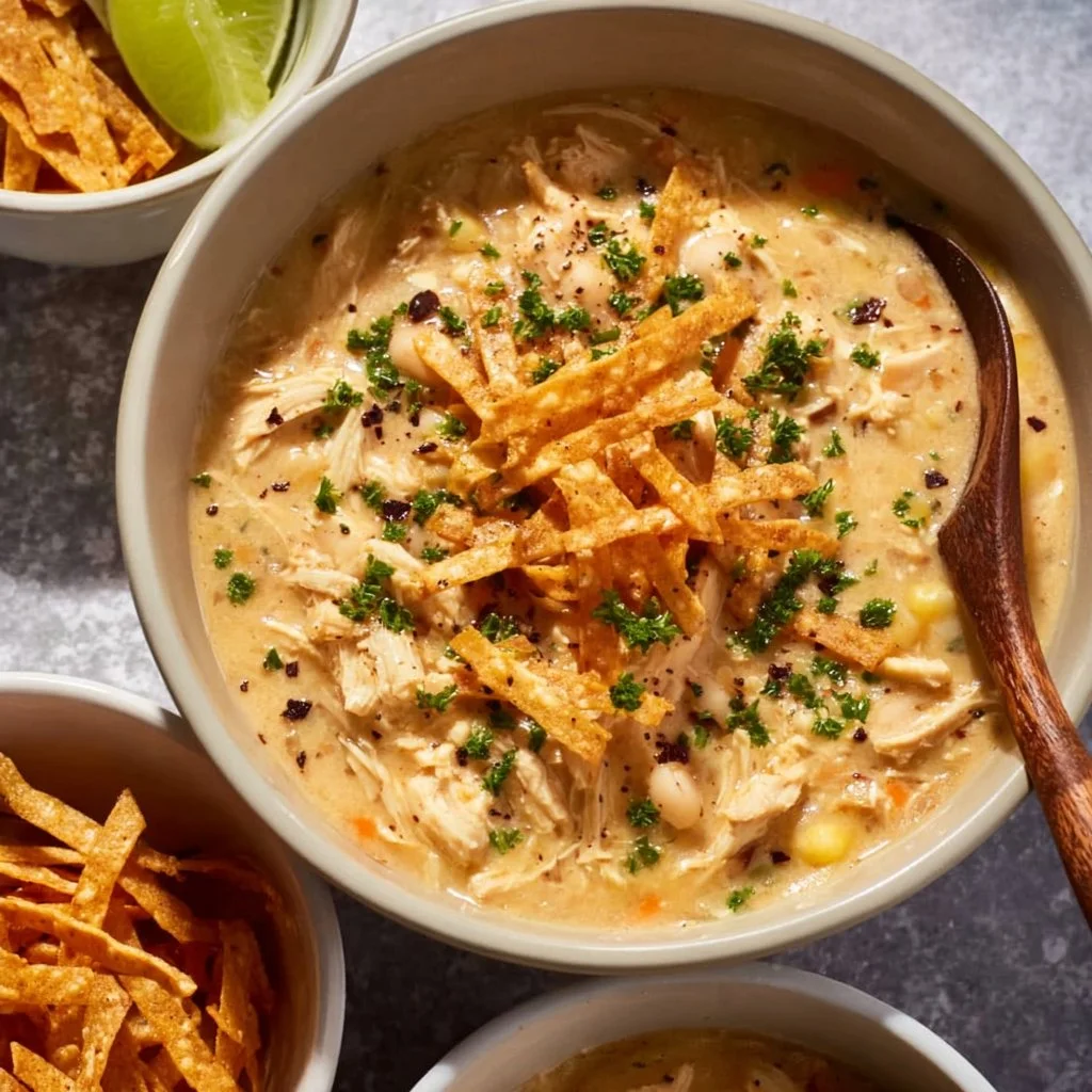 Delicious Crockpot white chicken chili topped with cream cheese