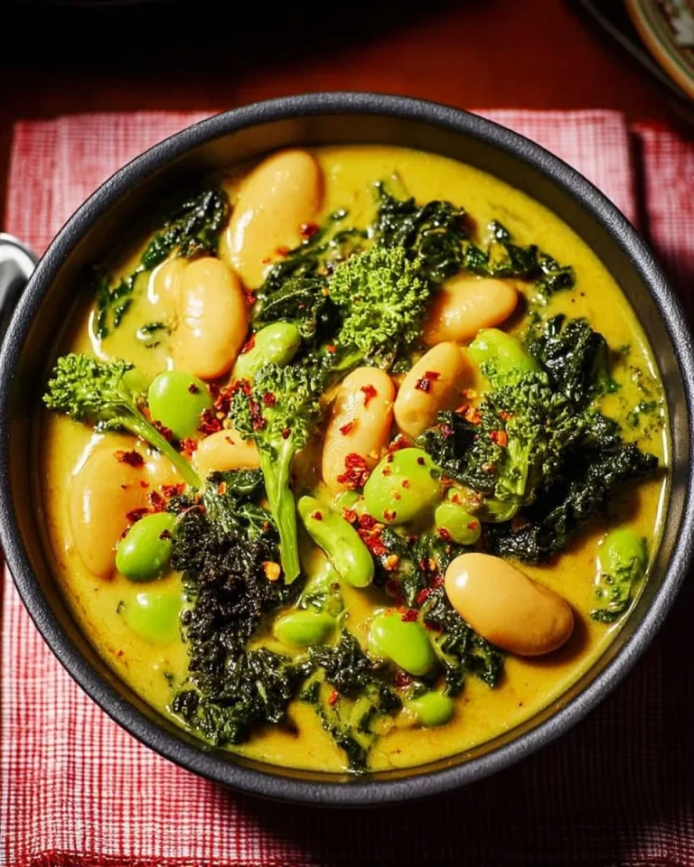 Delicious curried bean stew topped with coconut and coriander drizzle in a bowl