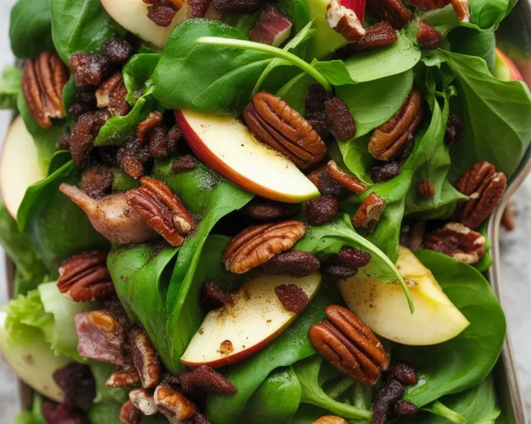 Apple Pecan & Bacon Salad with Maple Vinaigrette, featuring crispy bacon and candied pecans.