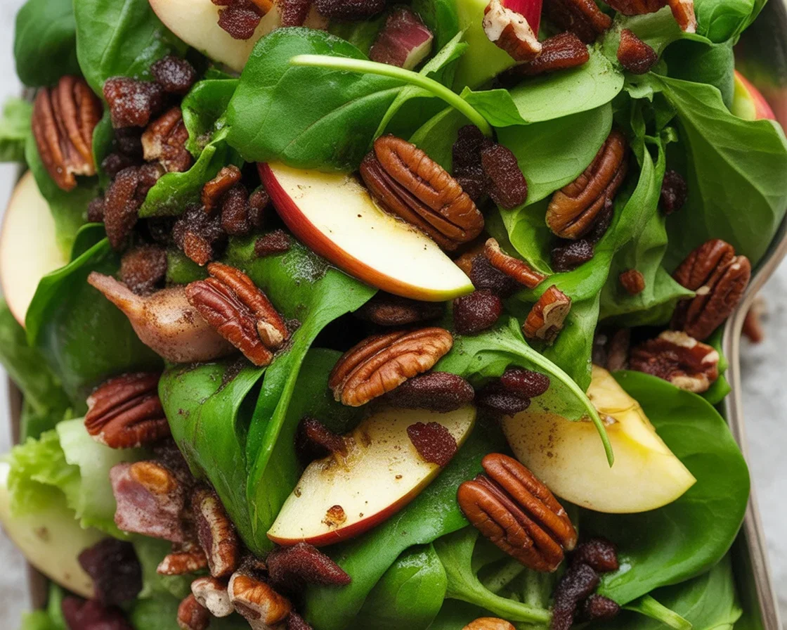 Apple Pecan & Bacon Salad with Maple Vinaigrette, featuring crispy bacon and candied pecans.