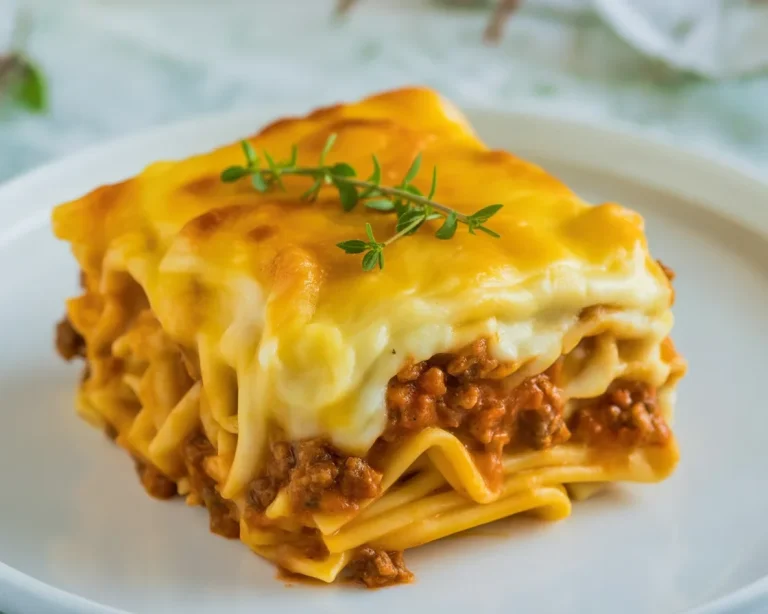 Delicious Egyptian Macarona Forn with layers of pasta, spiced meat, and béchamel sauce.
