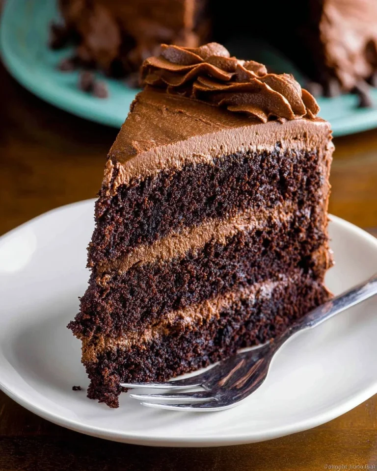 Moist chocolate layer cake with rich frosting and decorative chocolate shavings