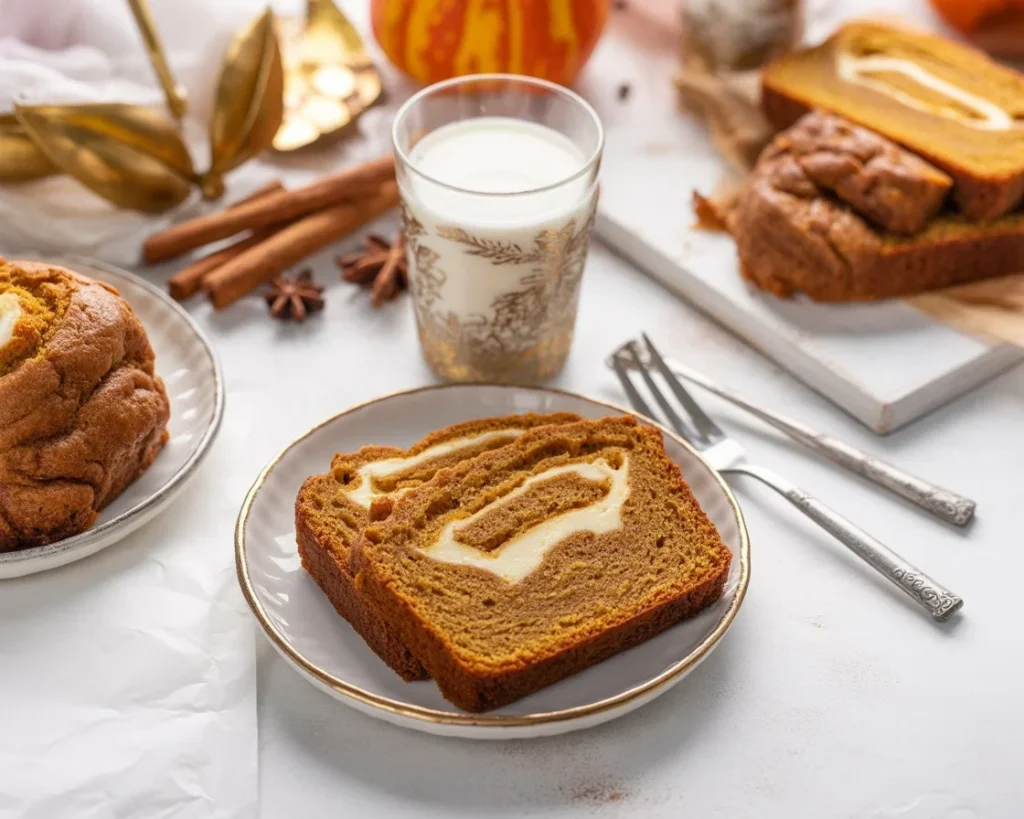 Delicious Pumpkin Cream Cheese Bread with a creamy swirl and pumpkin spice flavors.