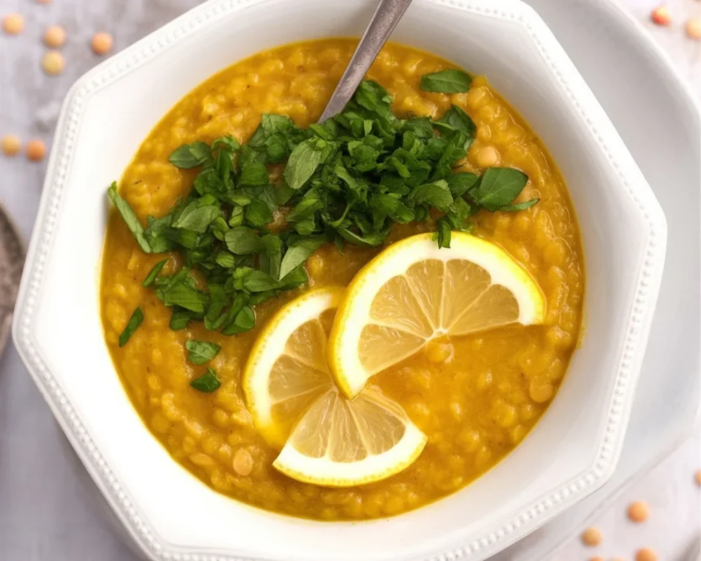 Bowl of authentic Lebanese Lentil Soup with red lentils, vegetables, and spices.