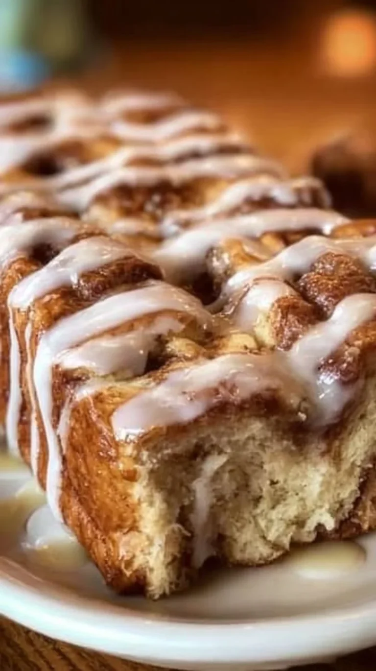 Freshly made Dollywood cinnamon bread drizzled with icing on a wooden plate.