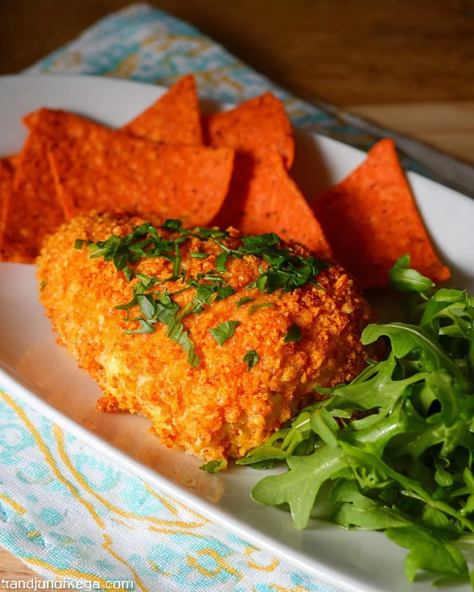 Crispy Dorito Chicken dish garnished with herbs on a plate.