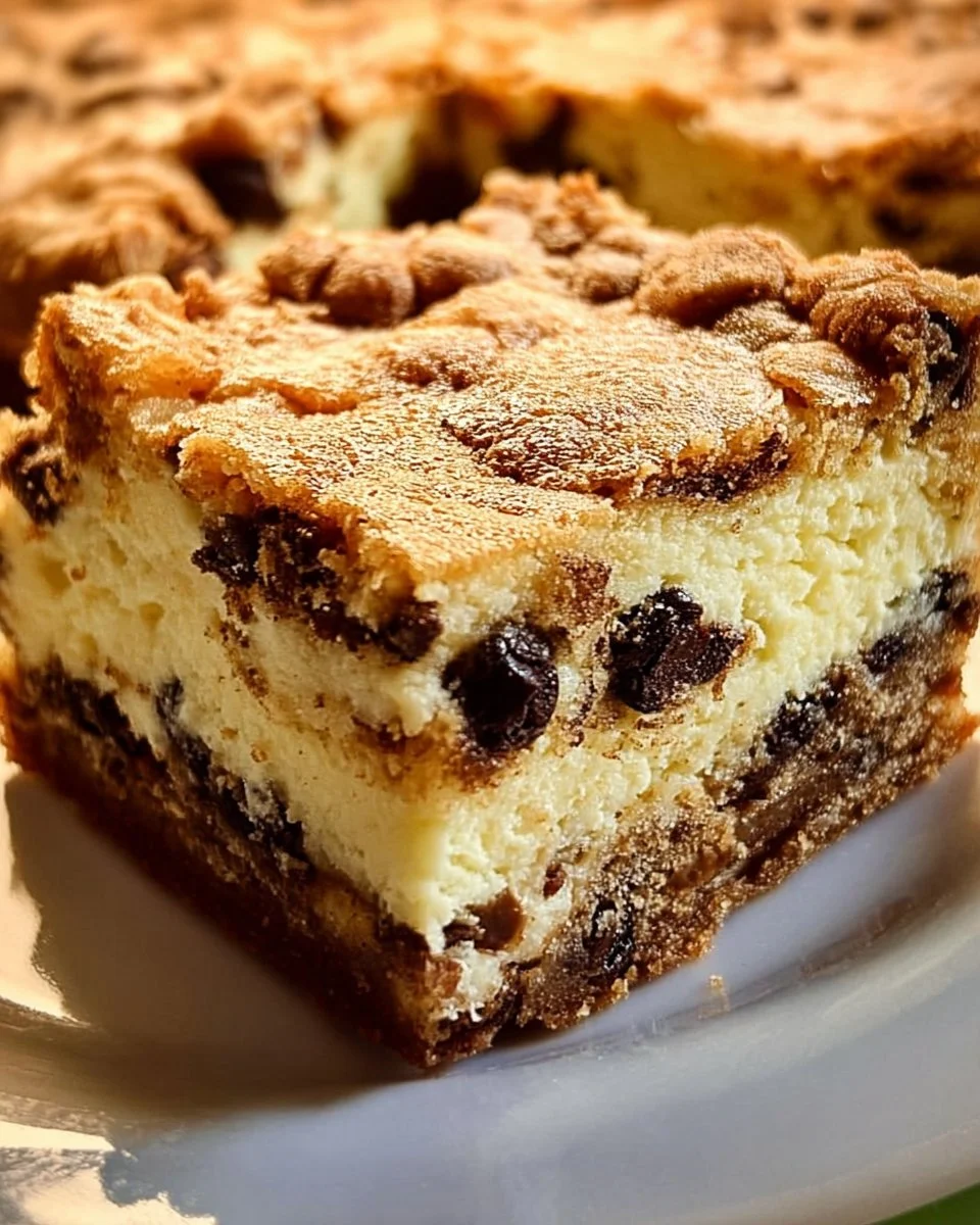 A slice of chocolate chip cheesecake topped with cookie dough