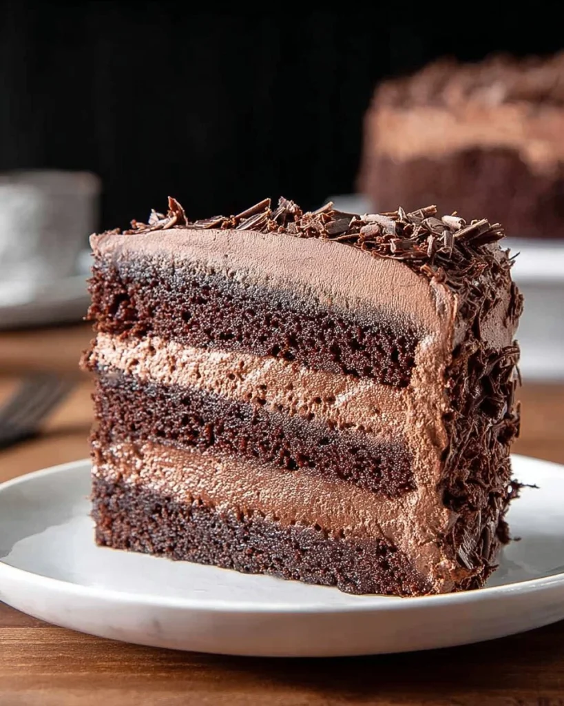 Delicious easy chocolate mousse cake topped with chocolate shavings.