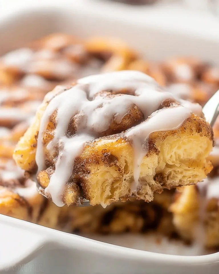 Easy Cinnamon Roll Casserole served warm with icing drizzle