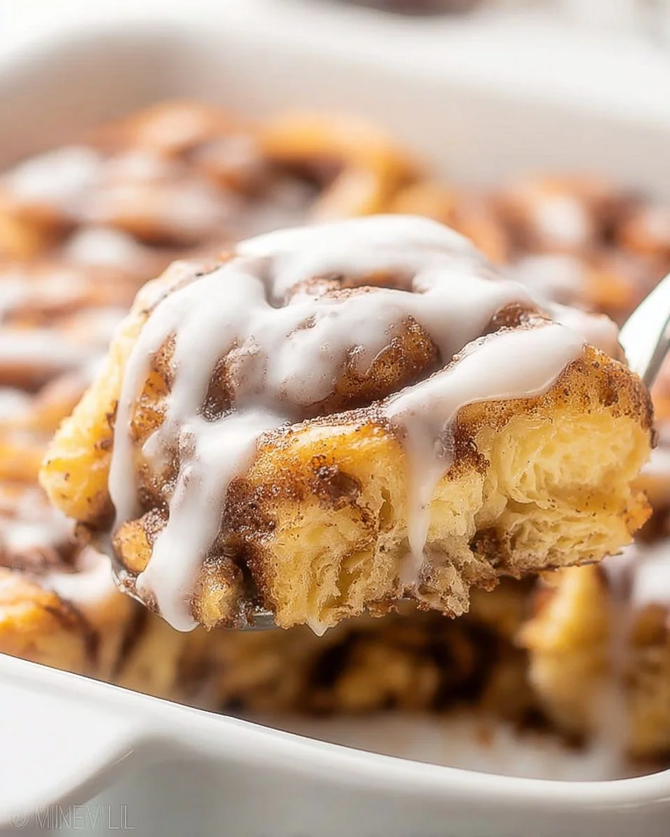 Easy Cinnamon Roll Casserole served warm with icing drizzle