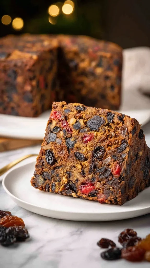 Slice of easy traditional Christmas cake decorated with festive icing and fruits