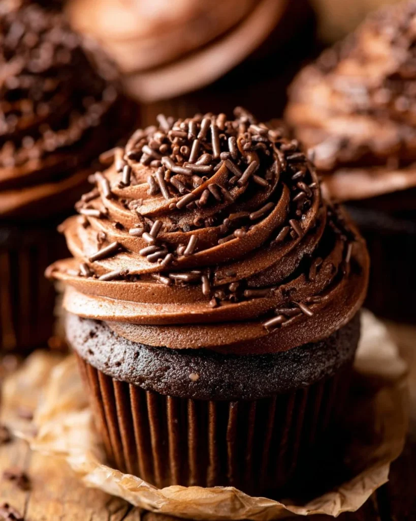 Delicious chocolate buttercream frosting on a cake slice