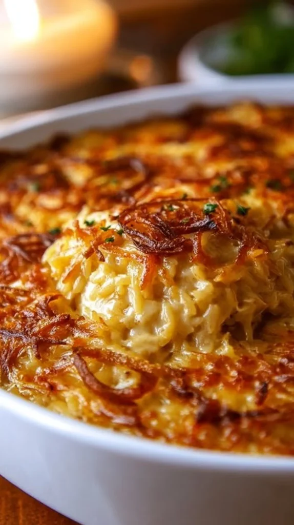 French Onion Chicken Orzo Casserole topped with melted cheese and herbs