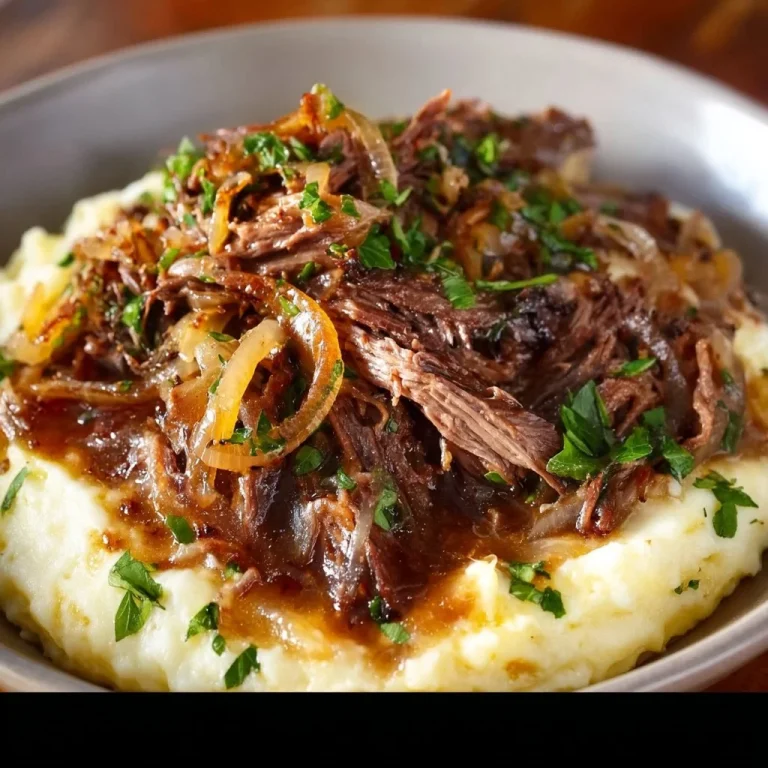 Delicious French Onion Pot Roast served with melted cheese and herbs