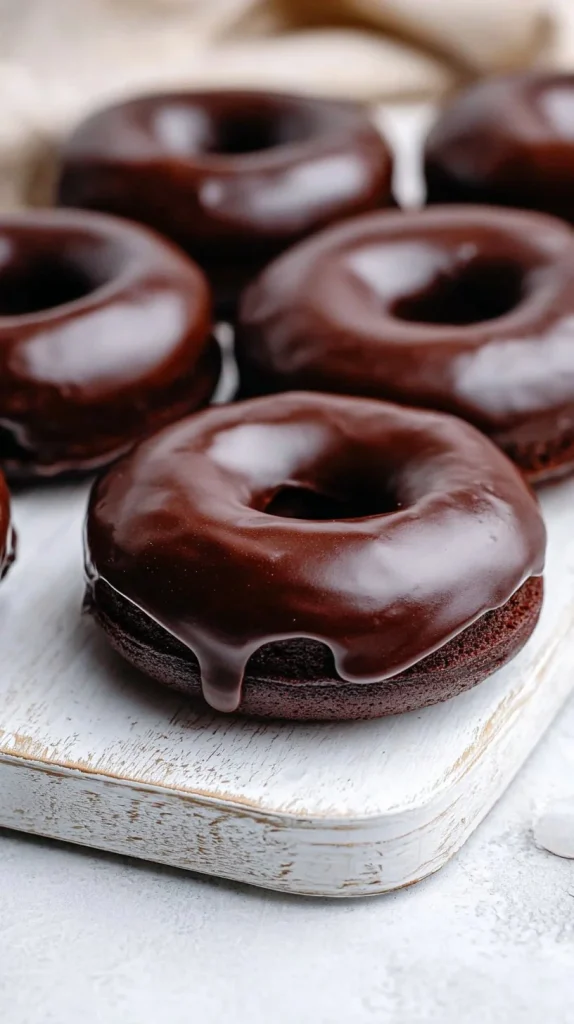 Fudgy baked chocolate doughnuts topped with chocolate glaze and espresso drizzle