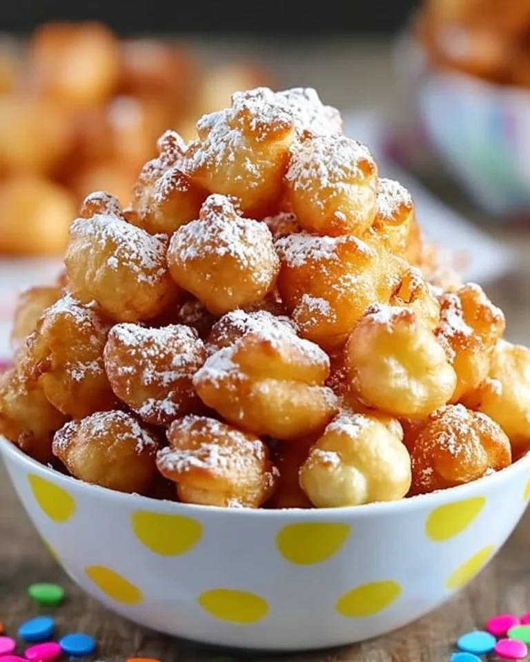 Delicious funnel cake bites sprinkled with powdered sugar on a plate.