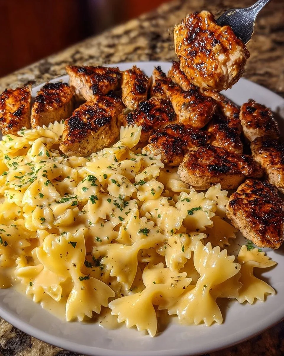 Delicious Garlic Butter Chicken served with Bowtie Pasta in a creamy sauce