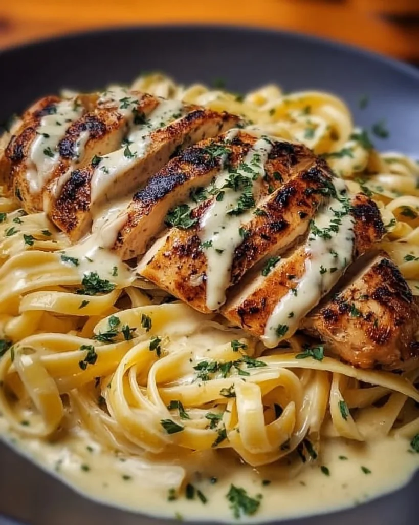 Delicious garlic butter chicken served with creamy ricotta alfredo pasta