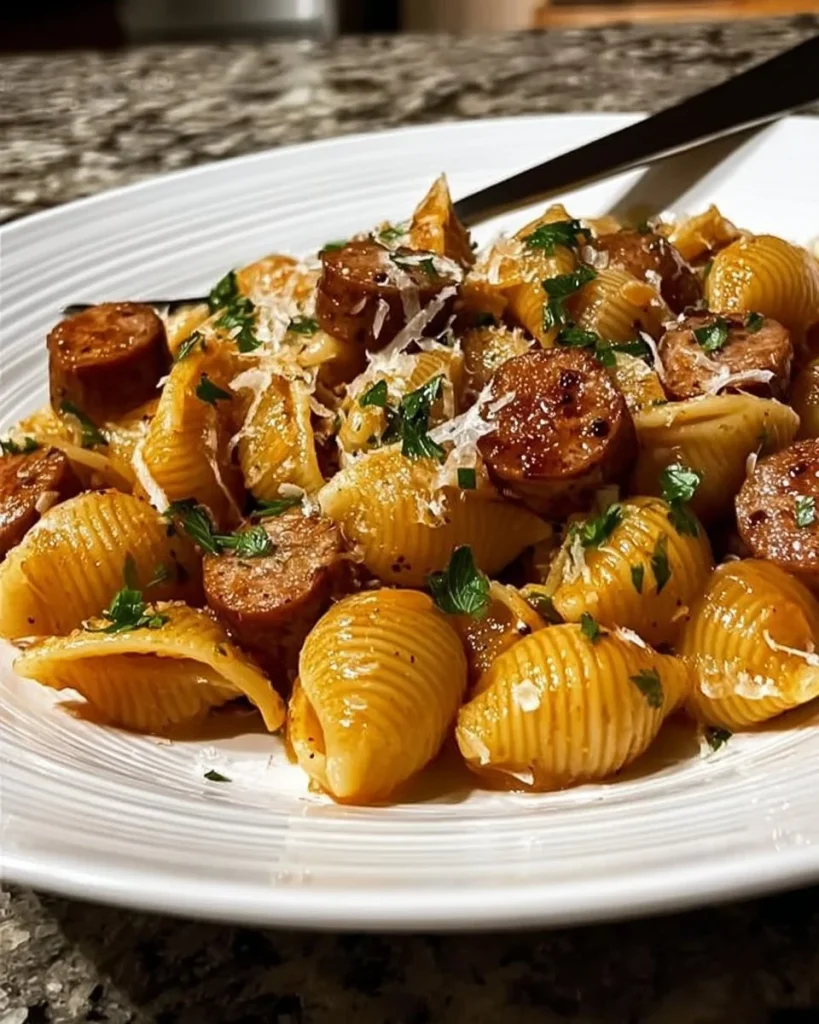 Garlic butter sausage bites served in creamy Parmesan shells
