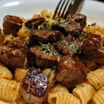 Garlic Butter Steak Bites with Creamy Parmesan Shell Pasta